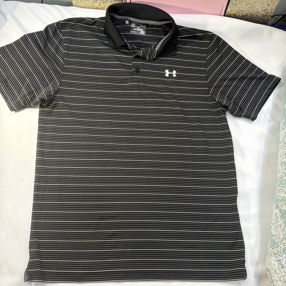 Under Armour Polo Shirt Mens Black Medium Striped‎ Loose Heat Gear Casual 517